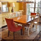 F21. Oak dining table with 2 leaves. 29”h x 44”w x 45”d (leaves are 11” each) 